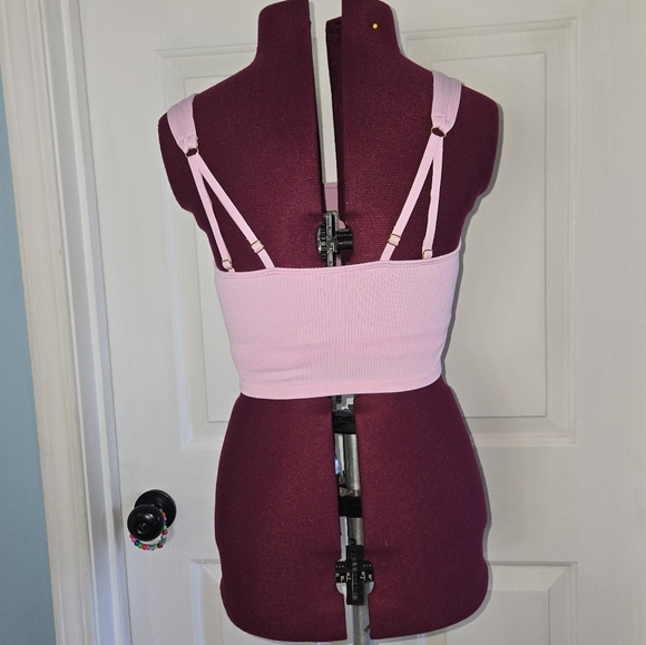 Aerie Small Light Pink Long Line Sports Bralette with Gold Detail - Picture 4 of 11